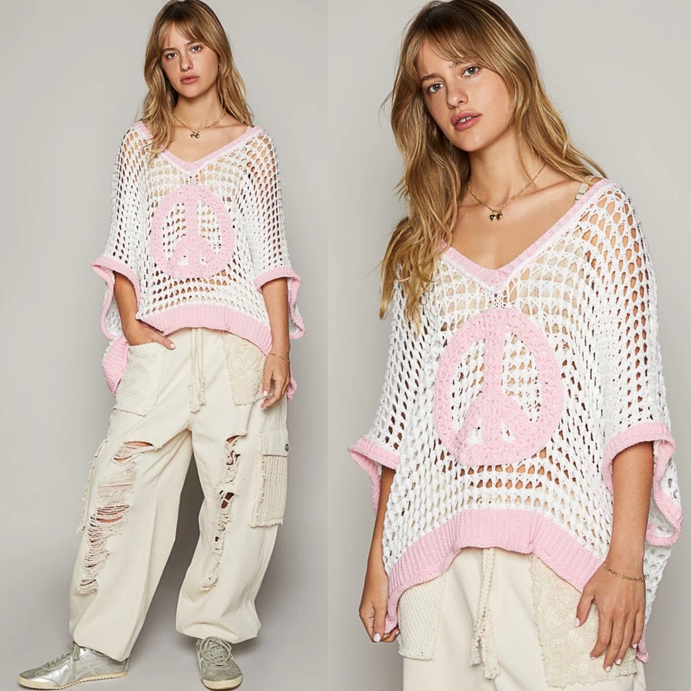 POL Oversized Peace Sign Open Knit Crochet Sweater Top in White Pink